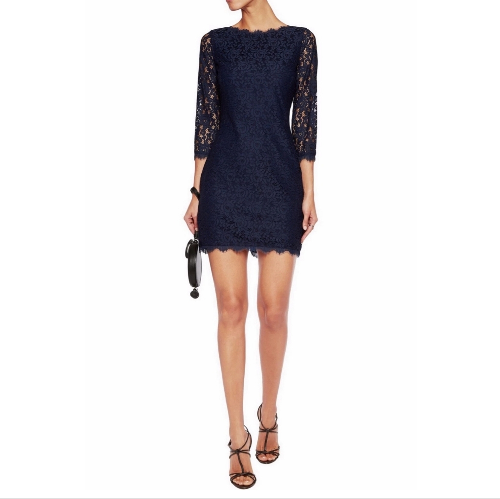 Diane Von Furstenberg Colleen Lace Sleeve Dress Navy Blue Size 2